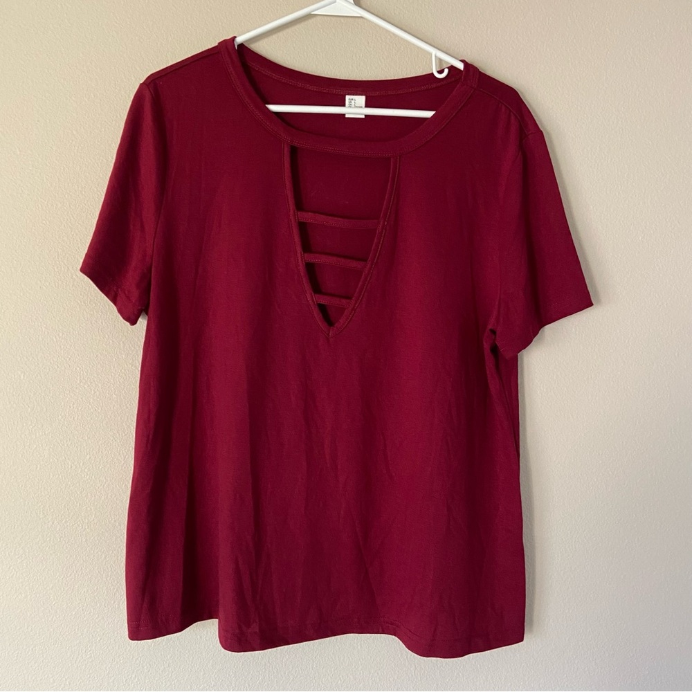 SHEIN Maroon Red Short Sleeve Shirt Top Blouse Preppy Business Casual